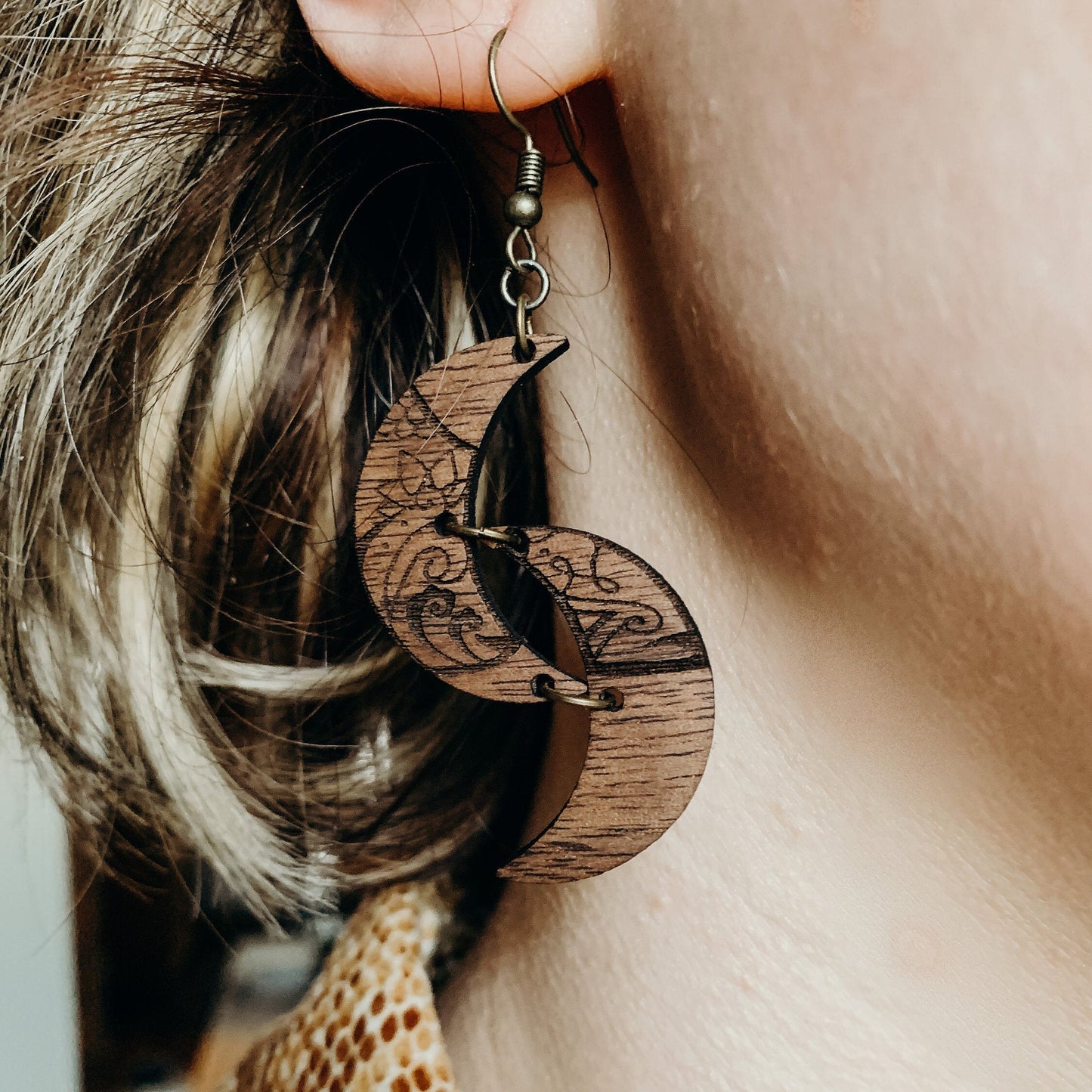 Double Moon Walnut Wood Boho Earrings, Natural, Lightweight - Celestial