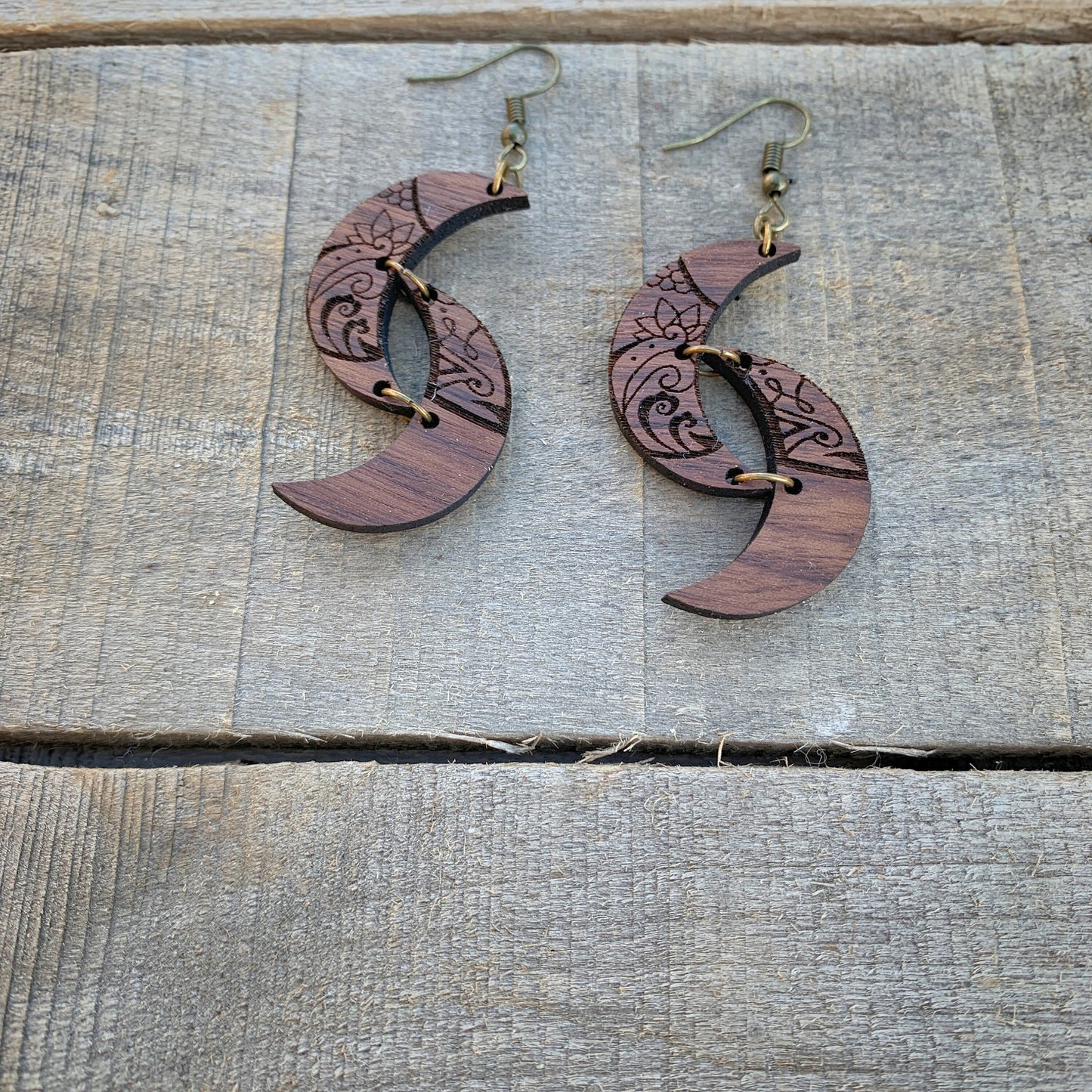 Double Moon Walnut Wood Boho Earrings, Natural, Lightweight - Celestial