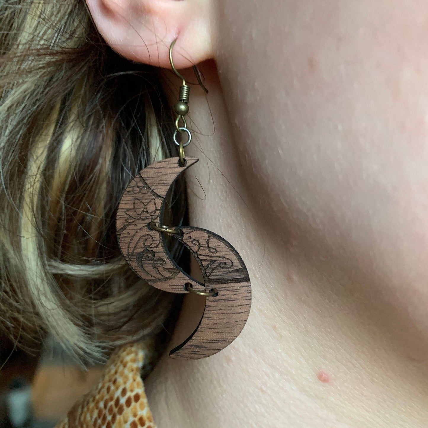 Double Moon Walnut Wood Boho Earrings, Natural, Lightweight - Celestial