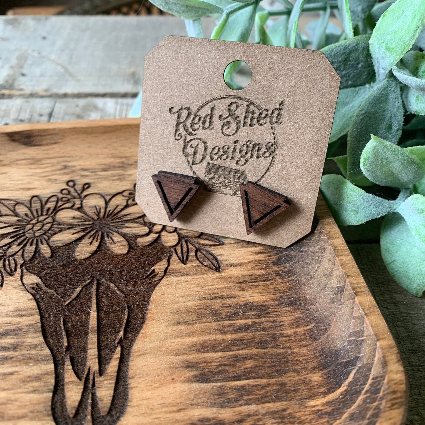 Geometric Triangle Walnut Wood Stud Earrings, Boho, Minimalist