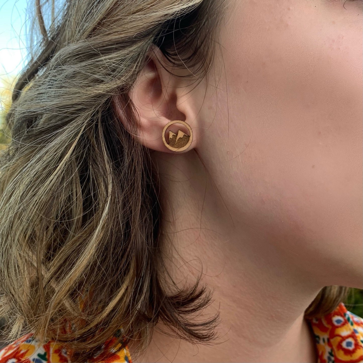 Twin Peaks Mountain Wood Round Stud Earrings - Mountain Life