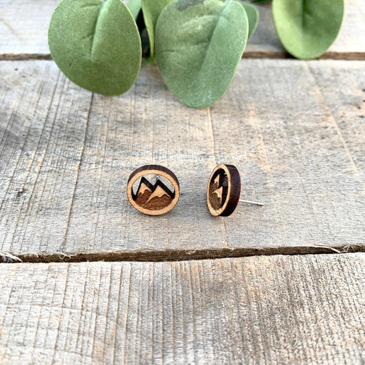 Twin Peaks Mountain Wood Round Stud Earrings - Mountain Life