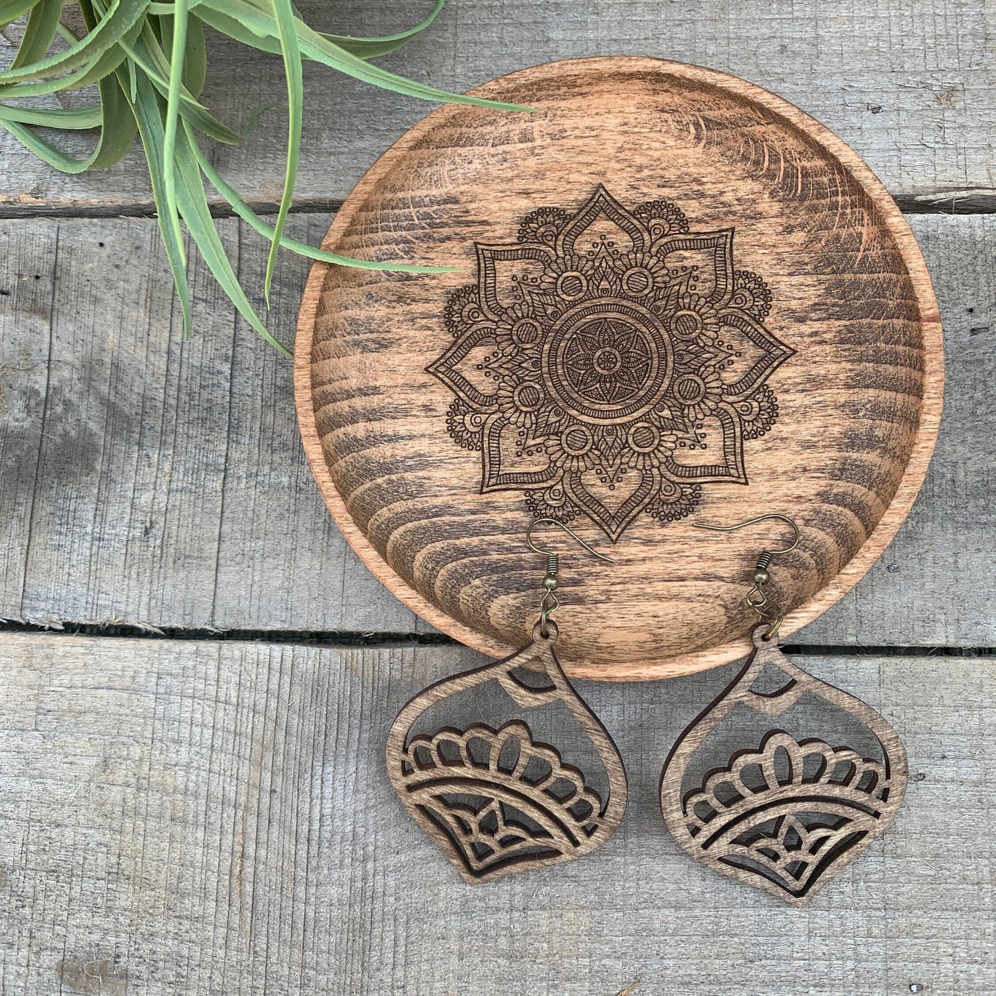Wood Mandala Statement Boho Earrings - Lightweight - Gypsy Style