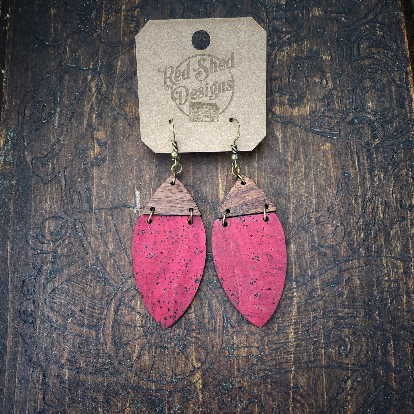 Boho Cranberry Cork & Walnut Wood Earrings - Lightweight