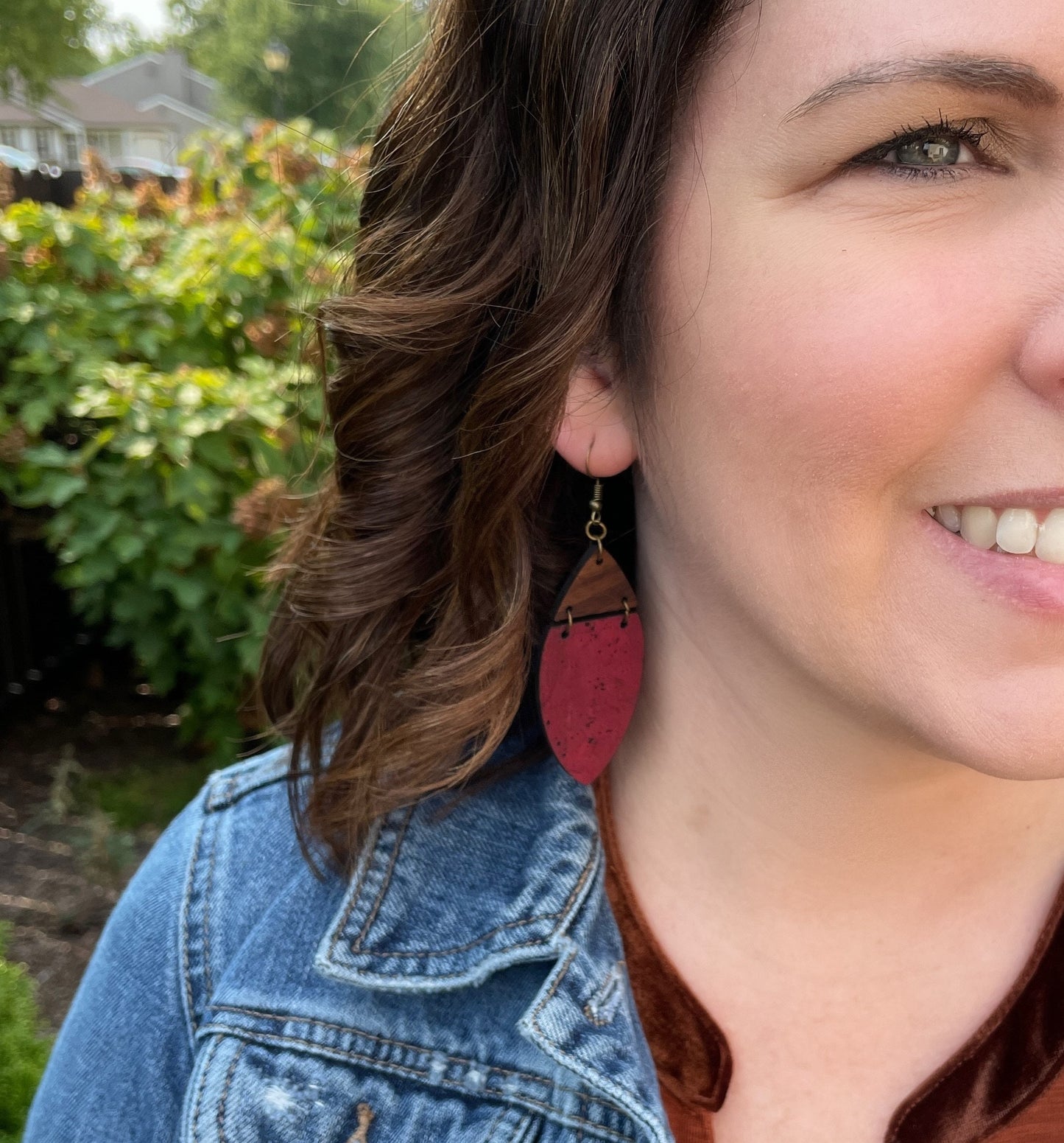 Boho Cranberry Cork & Walnut Wood Earrings - Lightweight