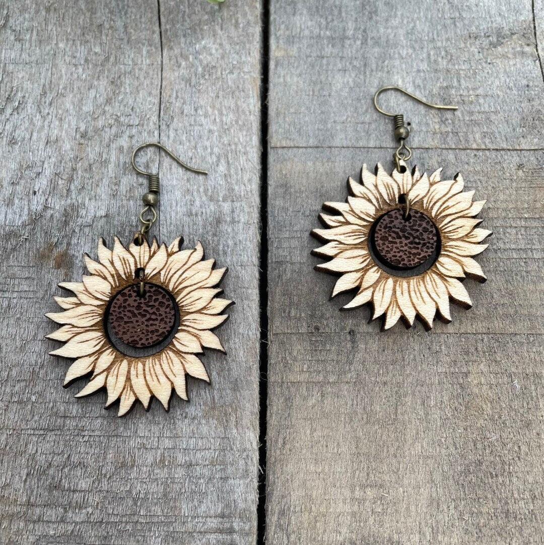 Hippie Sunflower Wooden Earrings - Lightweight