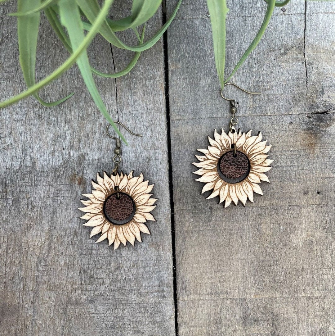Hippie Sunflower Wooden Earrings - Lightweight