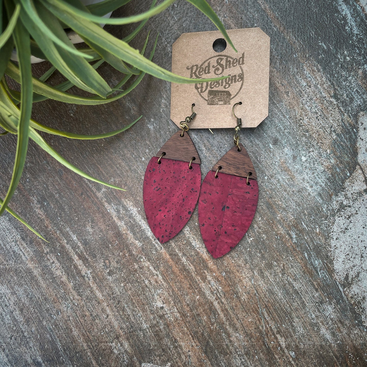 Boho Cranberry Cork & Walnut Wood Earrings - Lightweight
