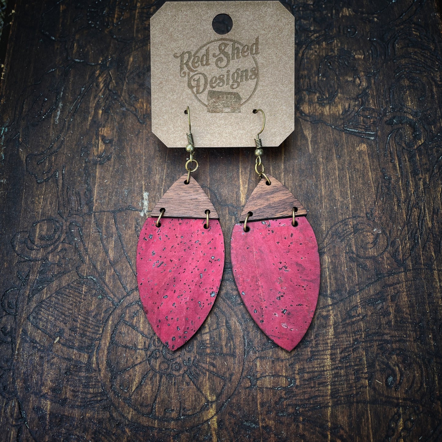 Boho Cranberry Cork & Walnut Wood Earrings - Lightweight