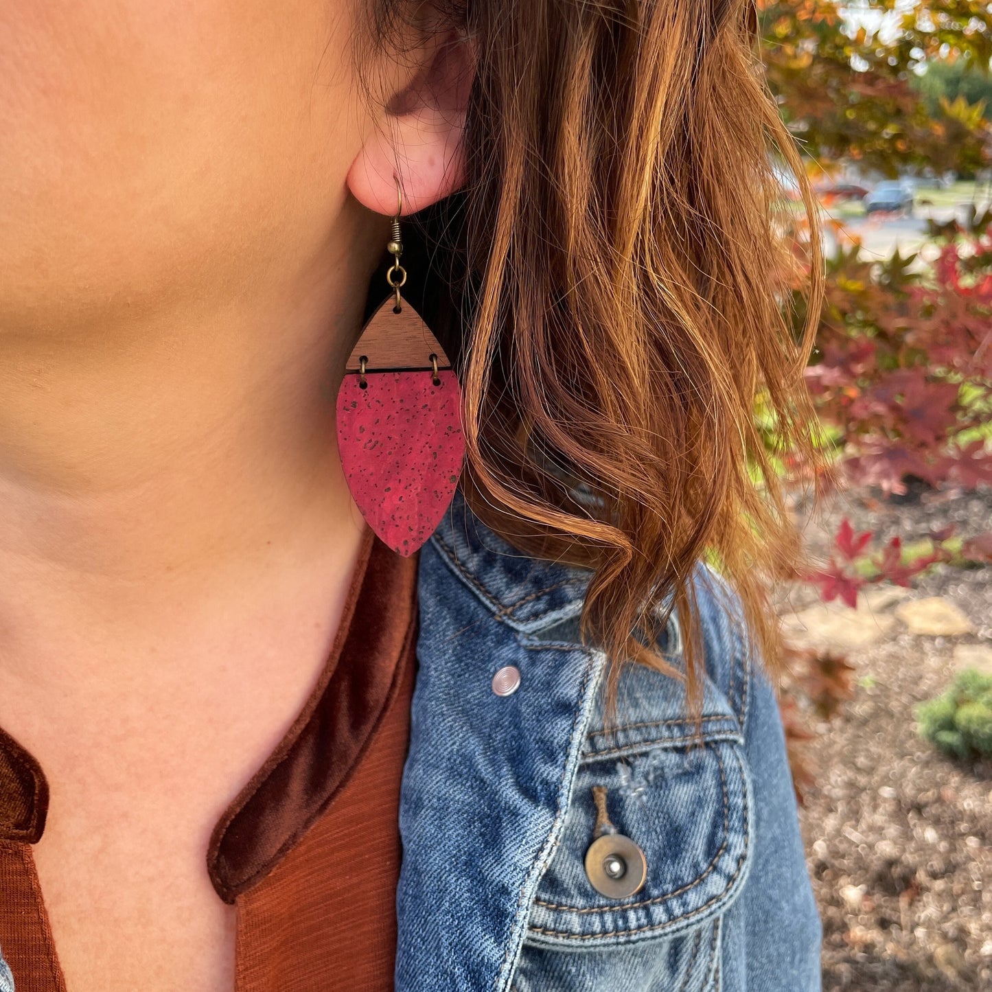 Boho Cranberry Cork & Walnut Wood Earrings - Lightweight