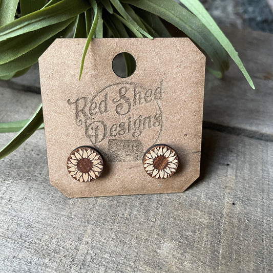 Sunflower Beach Wood Round Stud Earrings