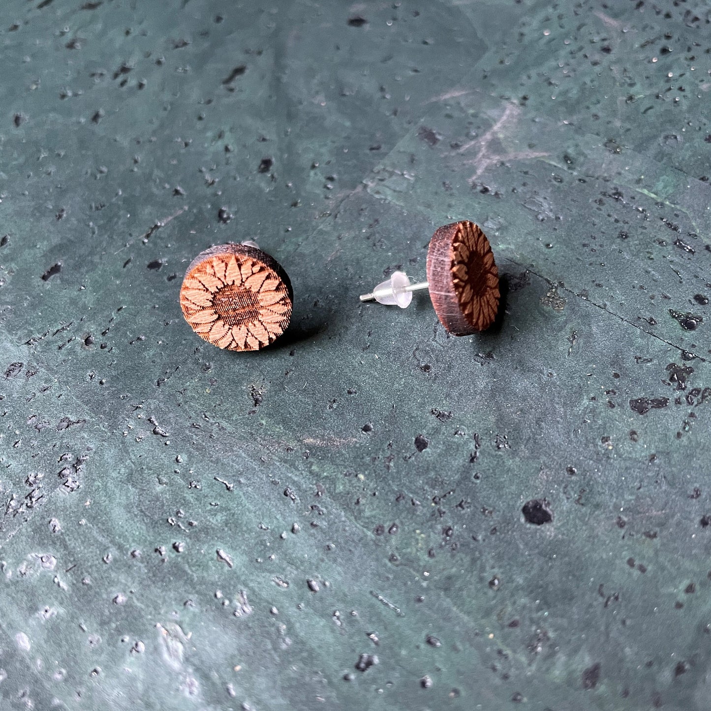 Sunflower Beach Wood Round Stud Earrings