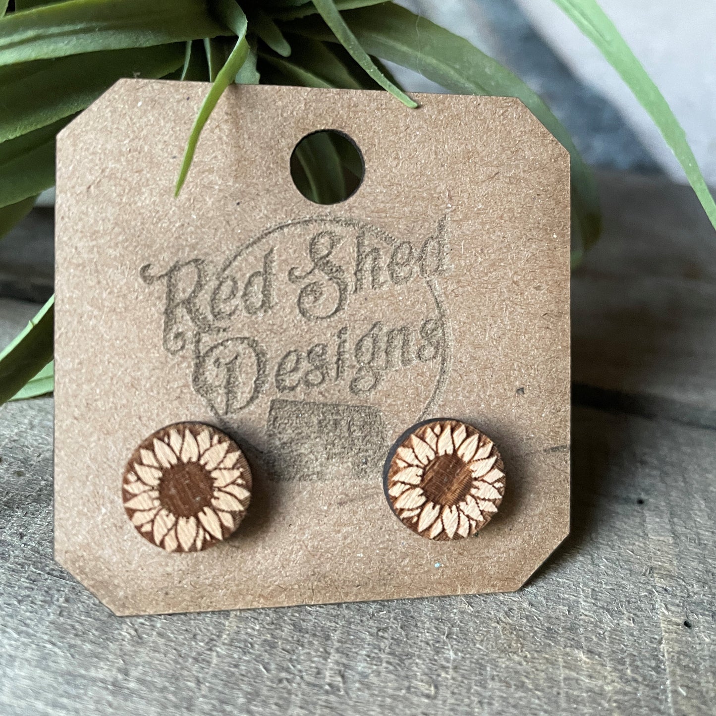 Sunflower Beach Wood Round Stud Earrings