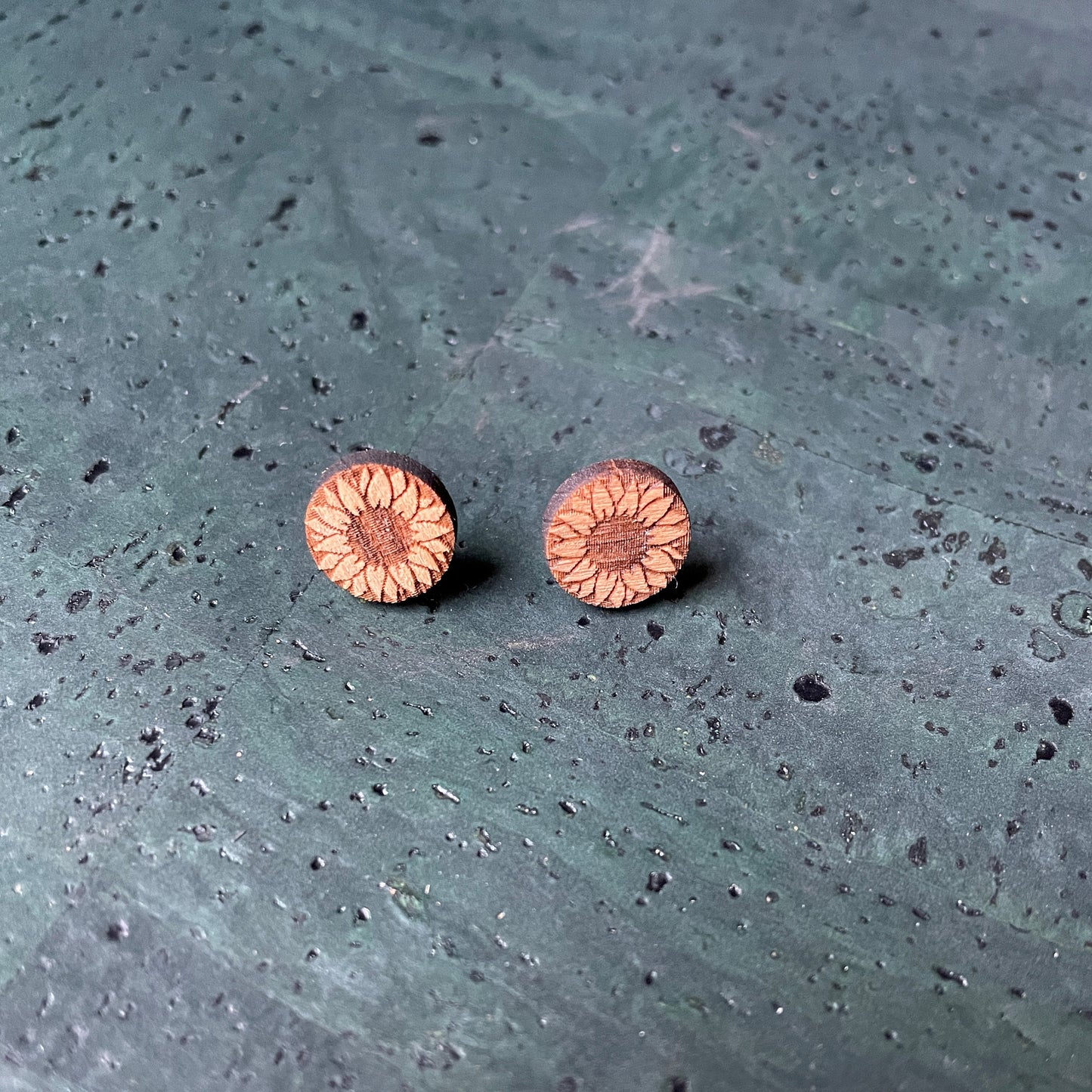 Sunflower Beach Wood Round Stud Earrings