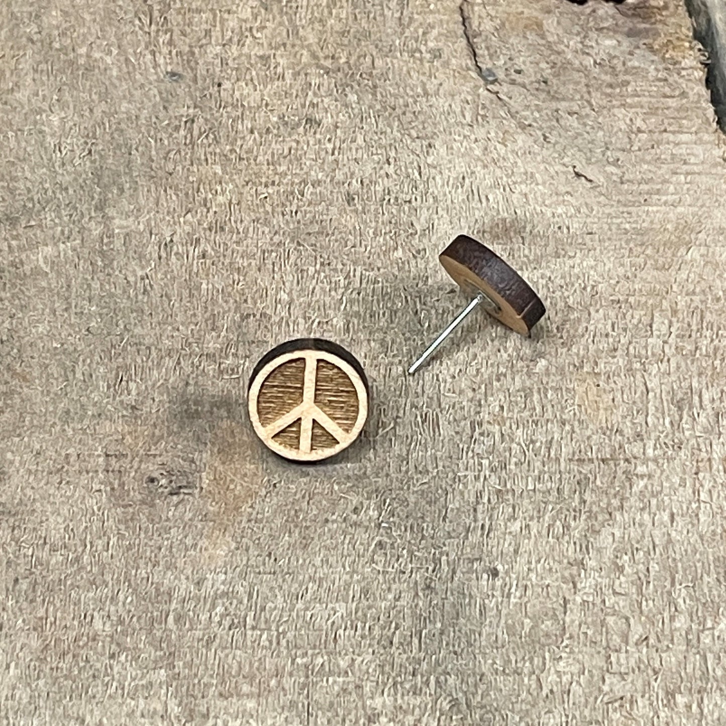 Wood Peace Sign Round Stud Earrings - Hippie/Gypsy Style