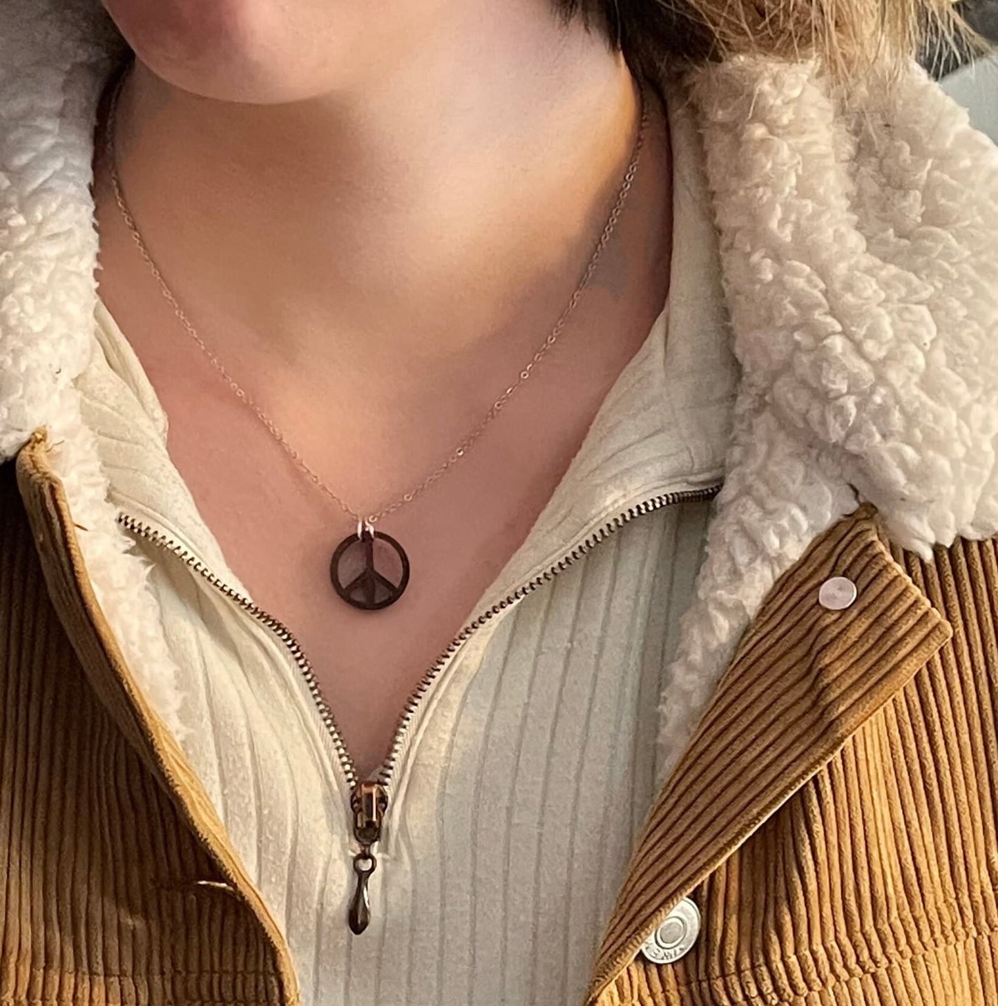 Walnut Wood Peace Sign Bohemian Necklace - Gypsy Hippie Style