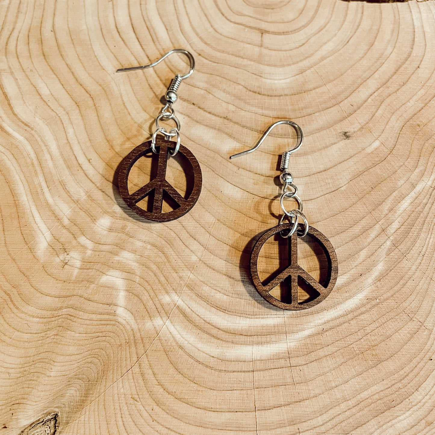 Walnut Wood Peace Sign Bohemian Dangle Earrings - Hippie Gypsy Style Earrings