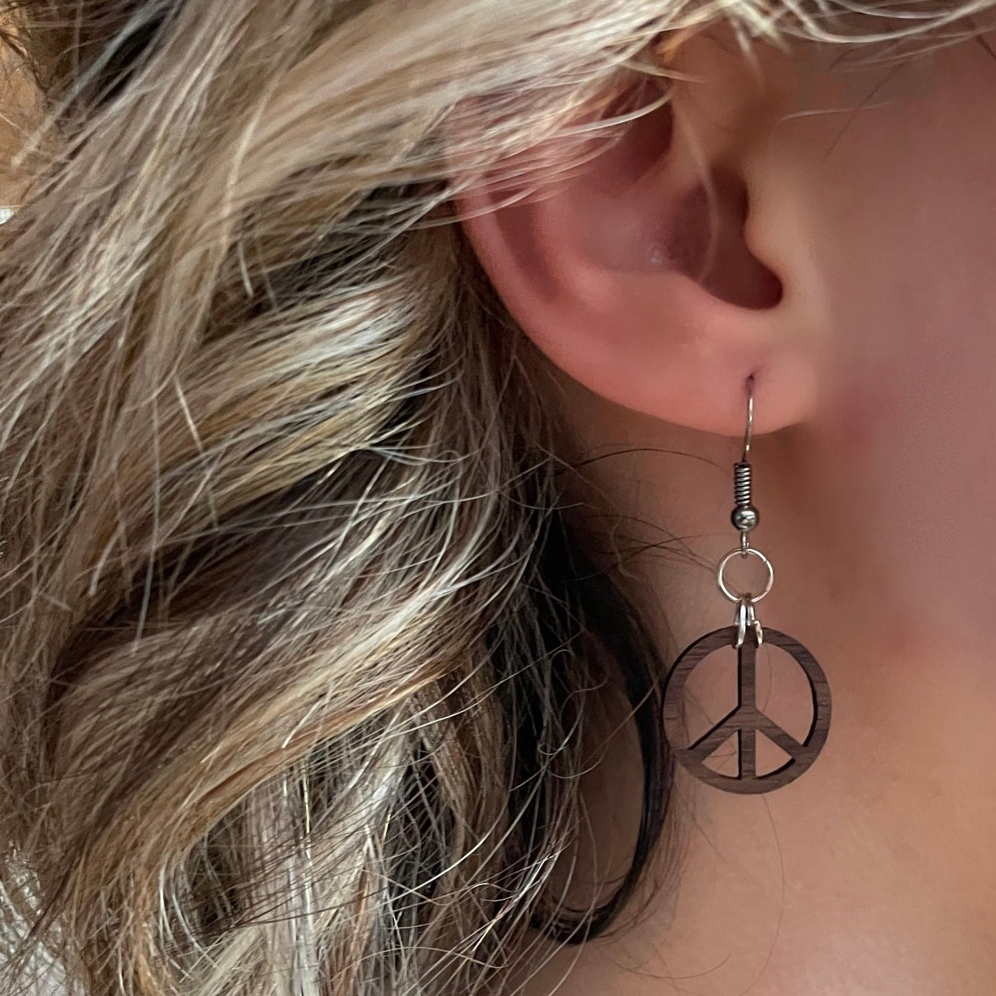 Walnut Wood Peace Sign Bohemian Dangle Earrings - Hippie Gypsy Style Earrings