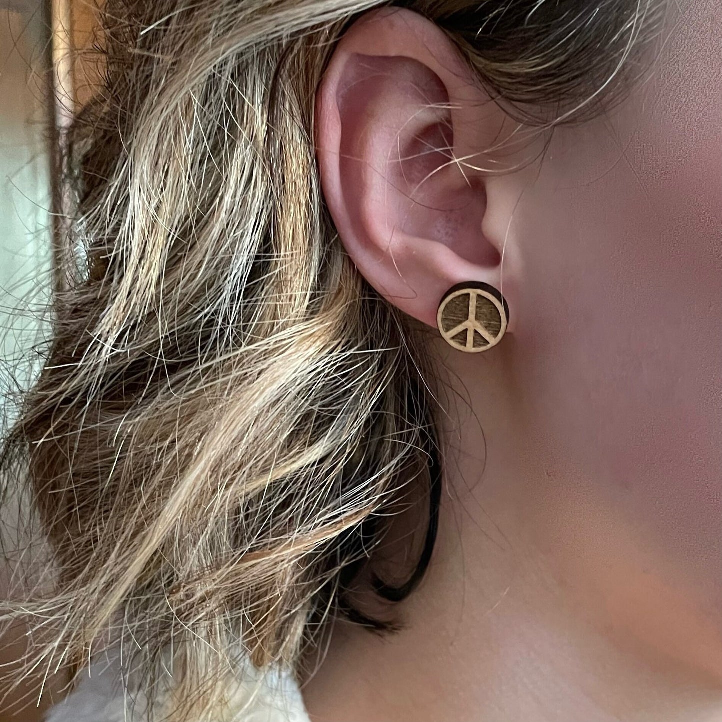 Wood Peace Sign Round Stud Earrings - Hippie/Gypsy Style
