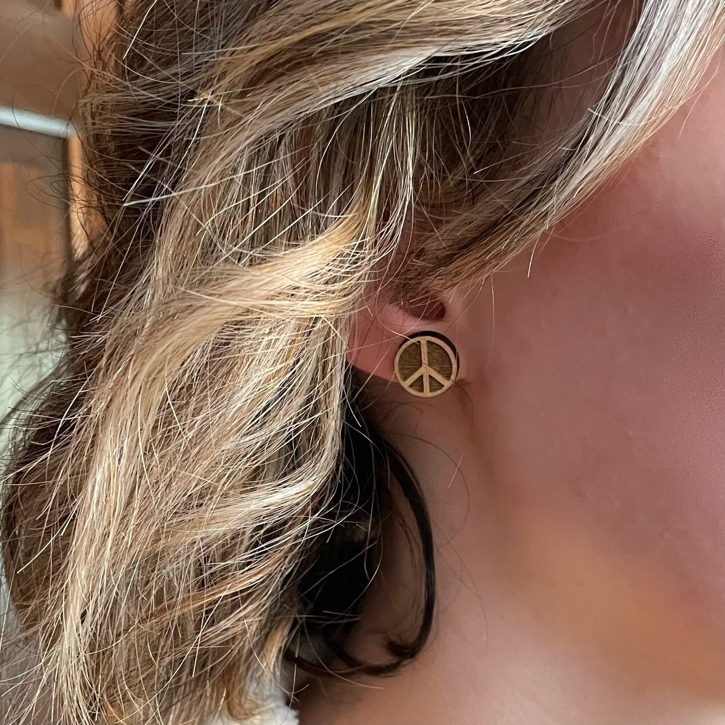 Wood Peace Sign Round Stud Earrings - Hippie/Gypsy Style