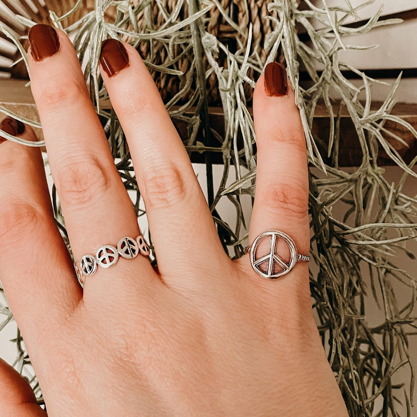Handcrafted Boho Hippie Sterling Silver Band Ring with Multiple Peace Sign Accents - Vintage Style - Inspired Bohemian Statement Jewelry