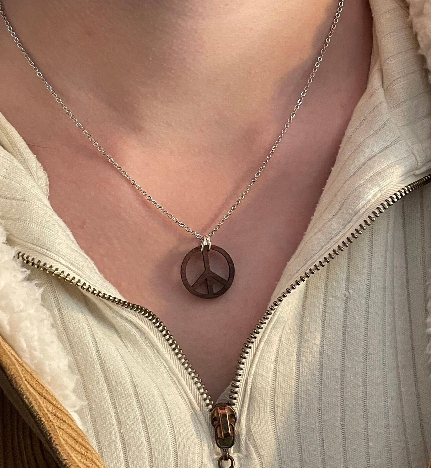 Walnut Wood Peace Sign Bohemian Necklace - Gypsy Hippie Style