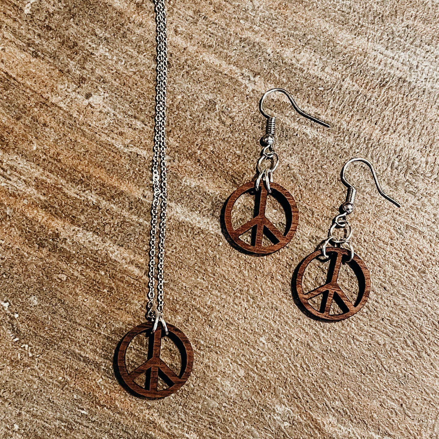 Walnut Wood Peace Sign Bohemian Dangle Earrings - Hippie Gypsy Style Earrings