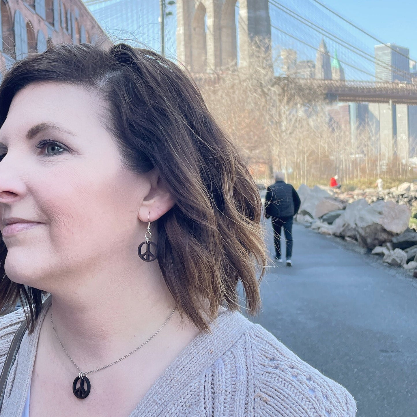 Walnut Wood Peace Sign Bohemian Dangle Earrings - Hippie Gypsy Style Earrings