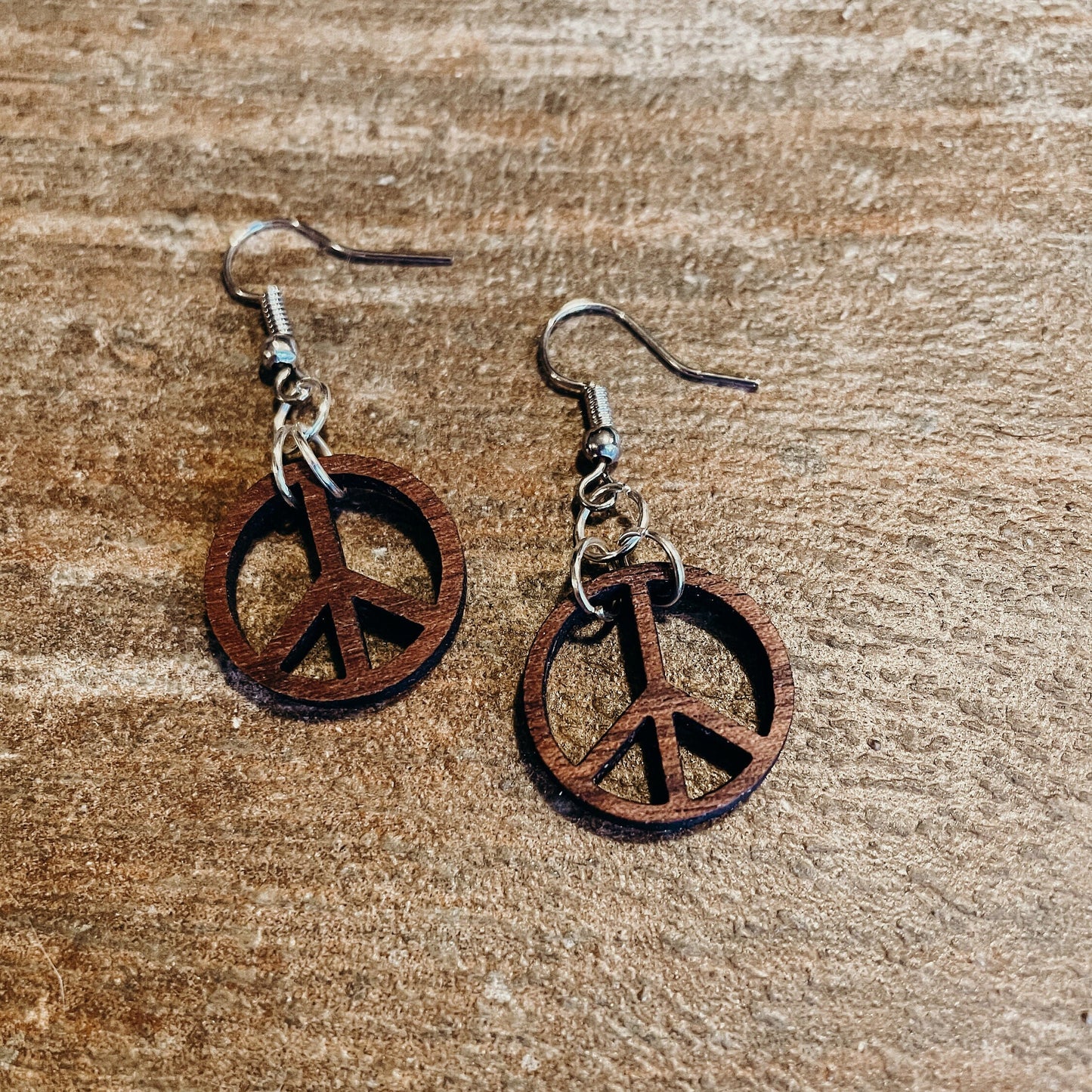 Walnut Wood Peace Sign Bohemian Dangle Earrings - Hippie Gypsy Style Earrings