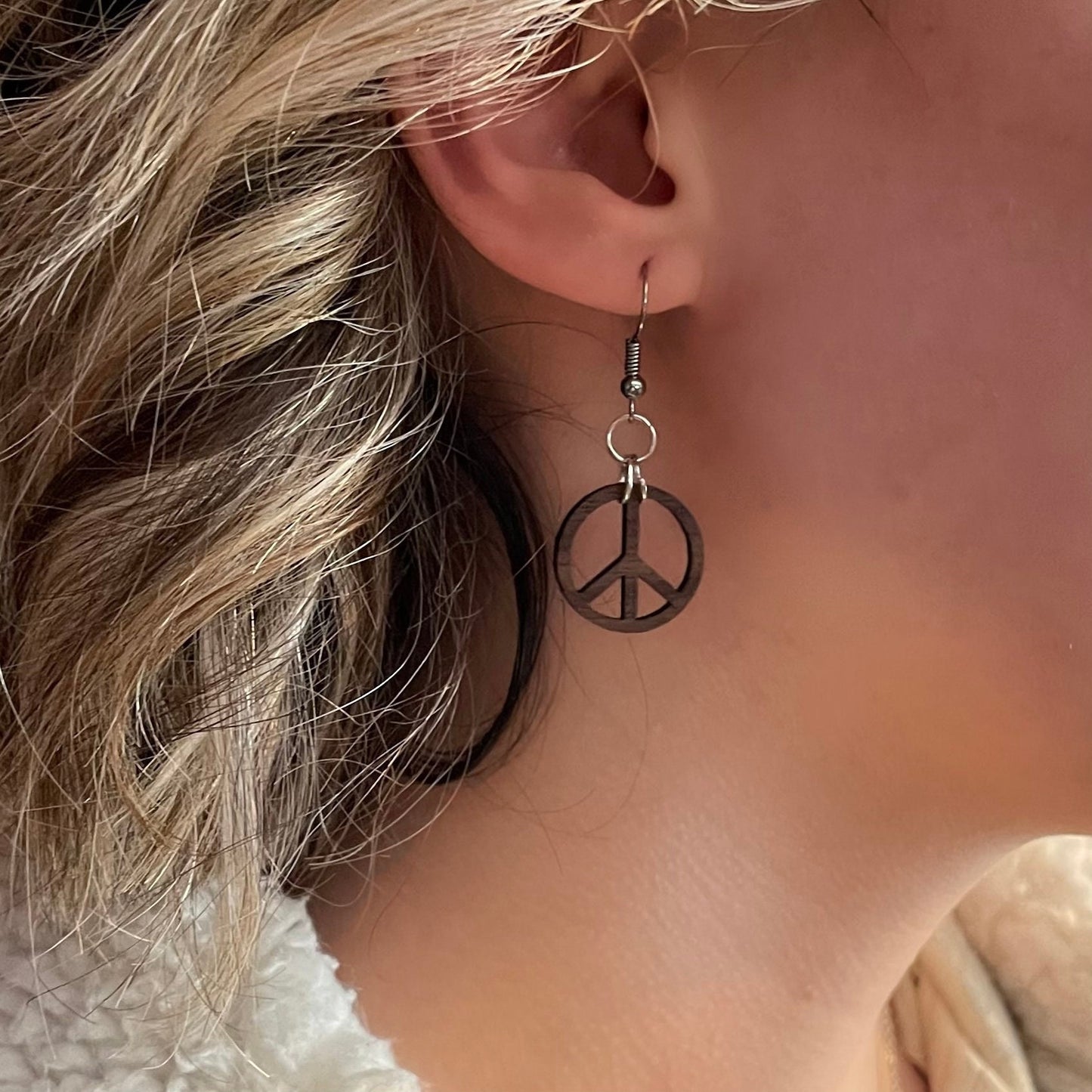 Walnut Wood Peace Sign Bohemian Dangle Earrings - Hippie Gypsy Style Earrings