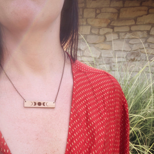 Bohemian Moon Phases Wood Bar Necklace - Minimalist - Laser Made Wood Necklace