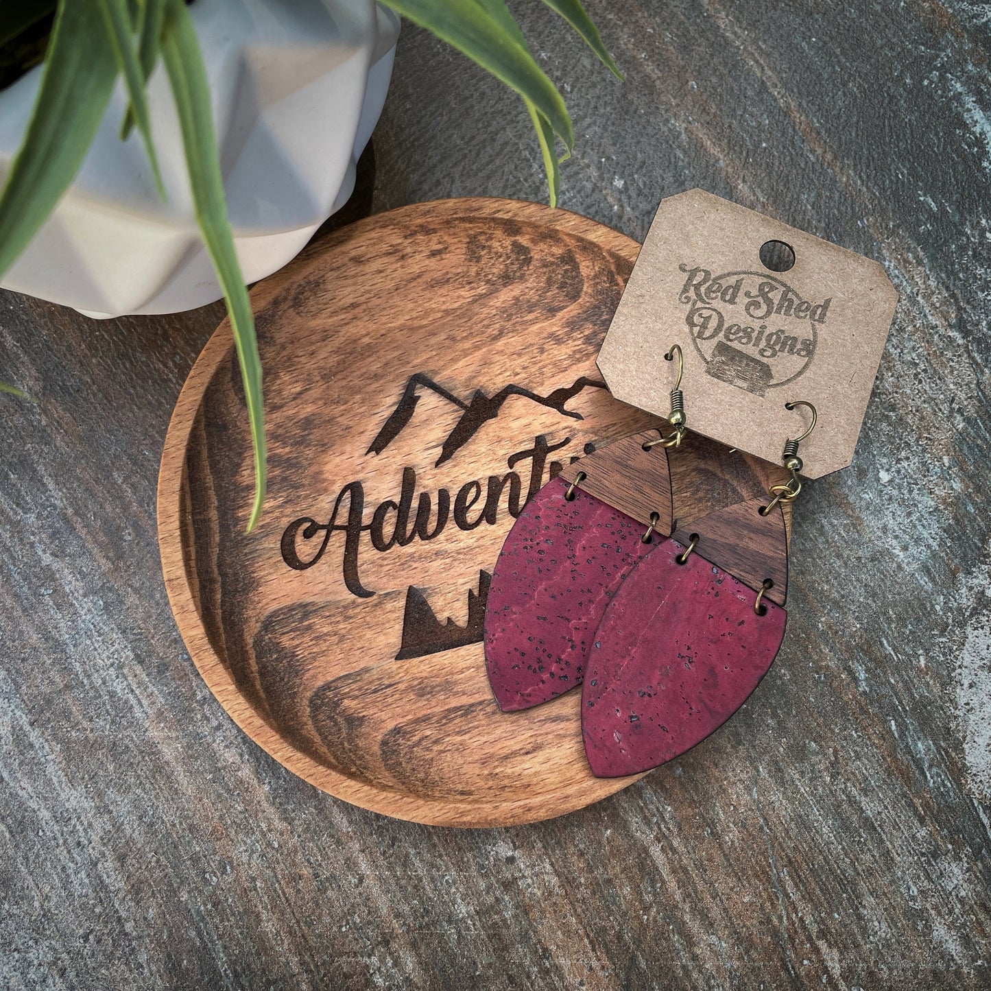 Boho Cranberry Cork & Walnut Wood Earrings - Lightweight