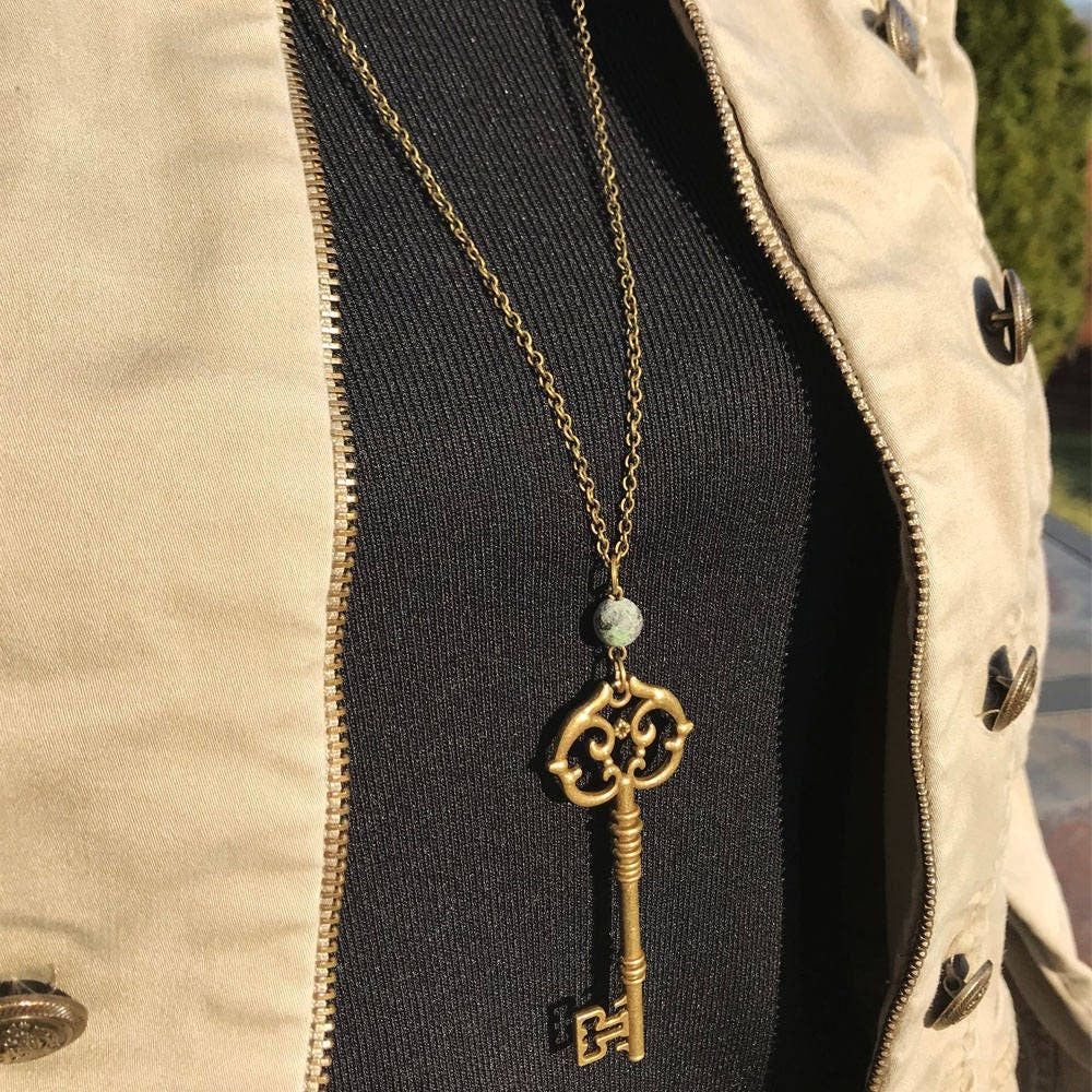 Key Antique Necklace with African Matte Stone Bead - Skeleton Key
