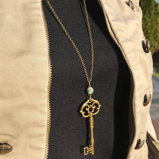 Key Antique Necklace with African Matte Stone Bead - Skeleton Key