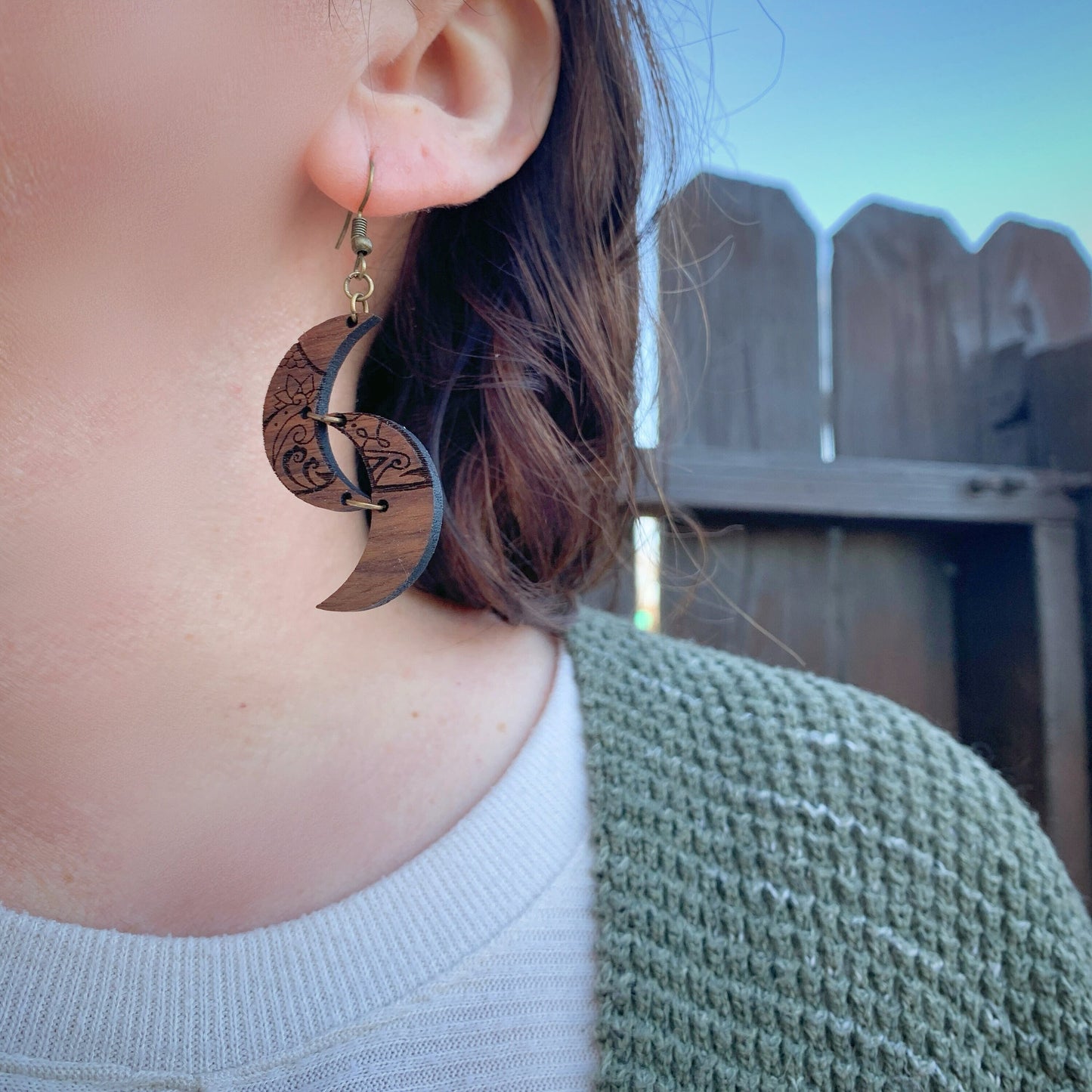 Double Moon Walnut Wood Boho Earrings, Natural, Lightweight - Celestial