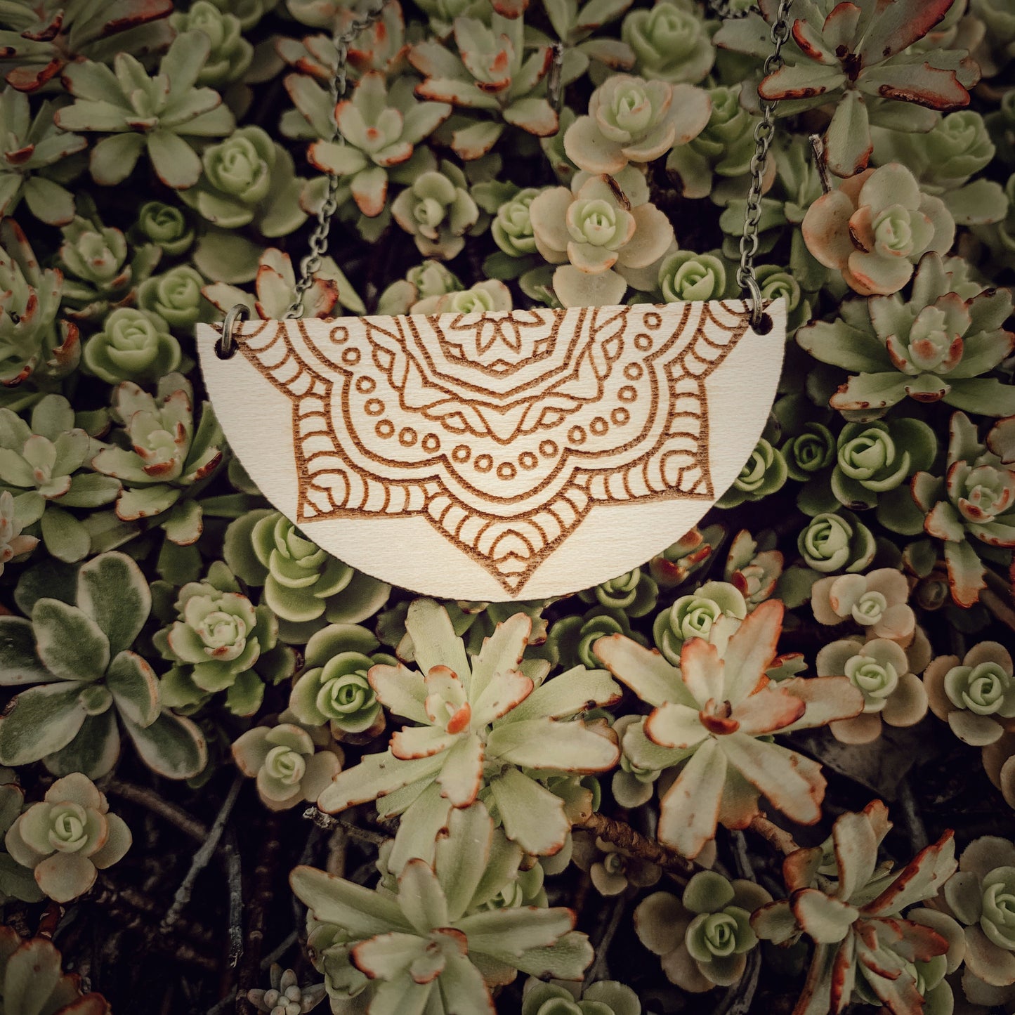 Wooden Half Moon Mandala Necklace - Boho Hippie Laser Cut Pendant - Positive Natural Jewelry