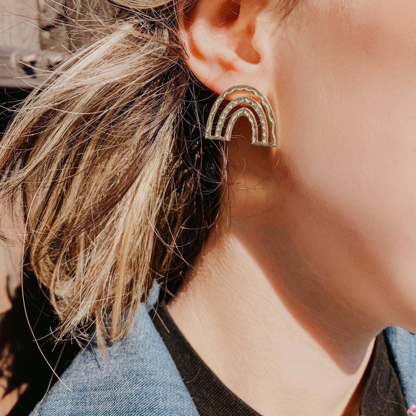 Boho Rainbow Brass Stud Earrings, Minimalist - Metal Collection