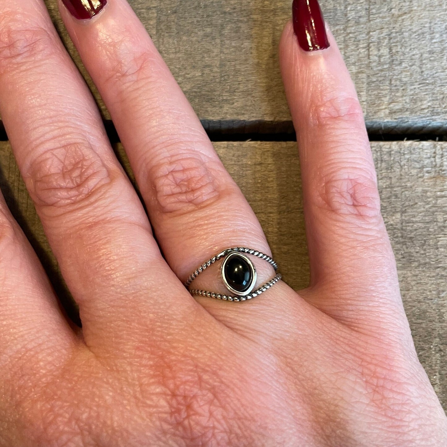 Bohemian Black Agate stone Sterling Silver Ring - Split Band