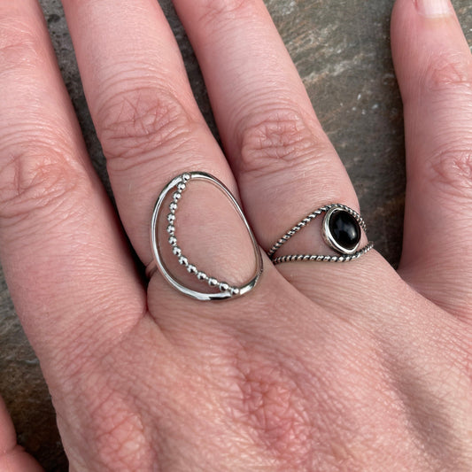 Bohemian Sterling Silver Beaded Moon Ring - Open Oval Ring