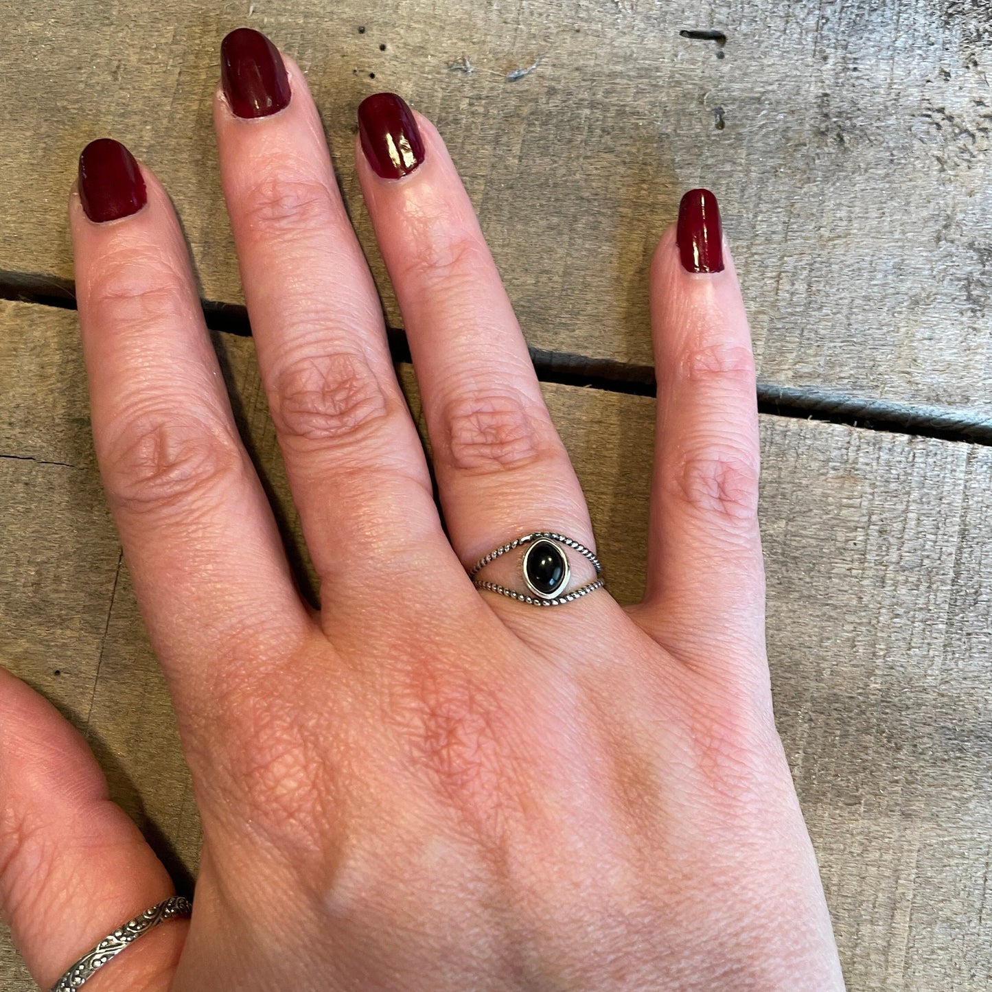 Bohemian Black Agate stone Sterling Silver Ring - Split Band