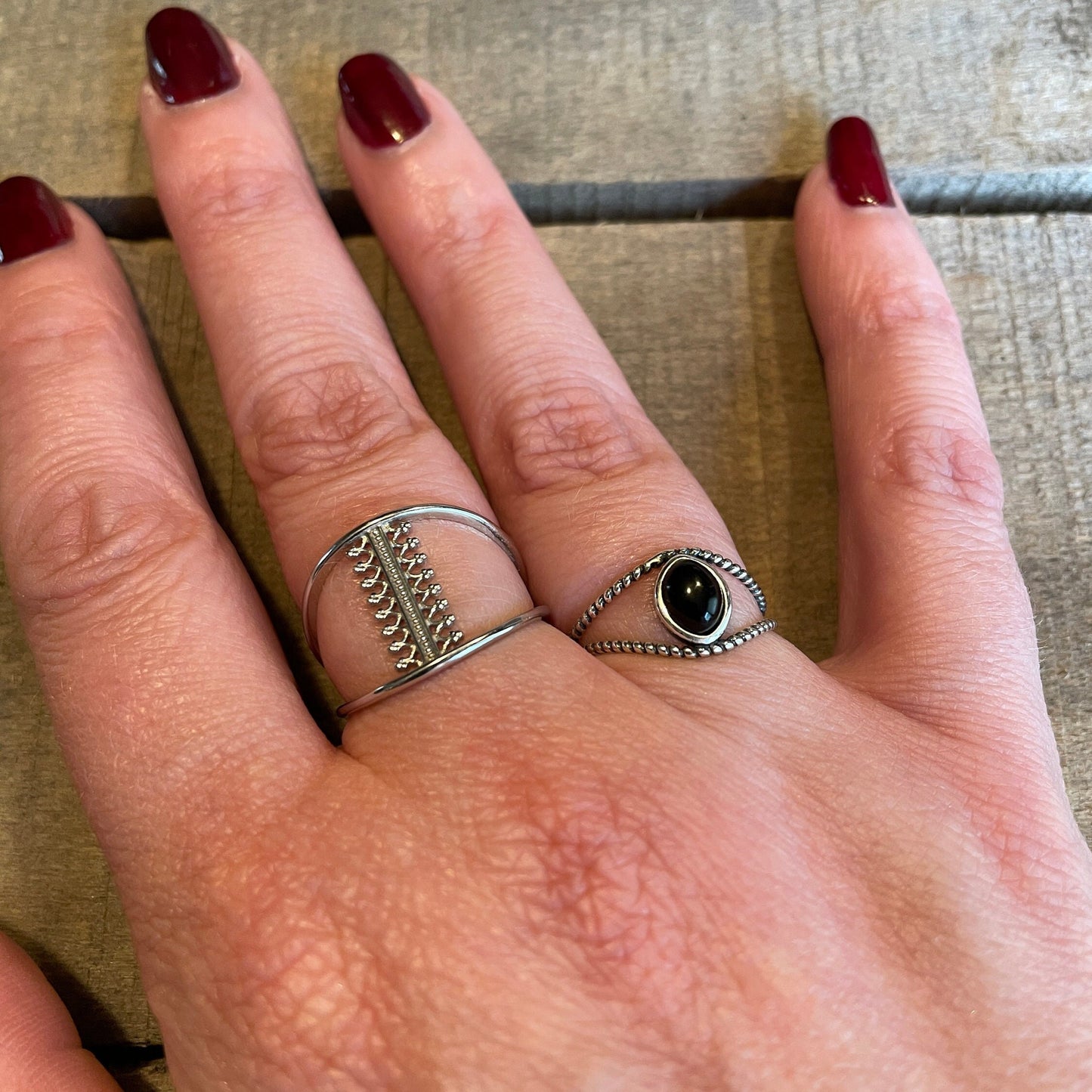 Bohemian Black Agate stone Sterling Silver Ring - Split Band