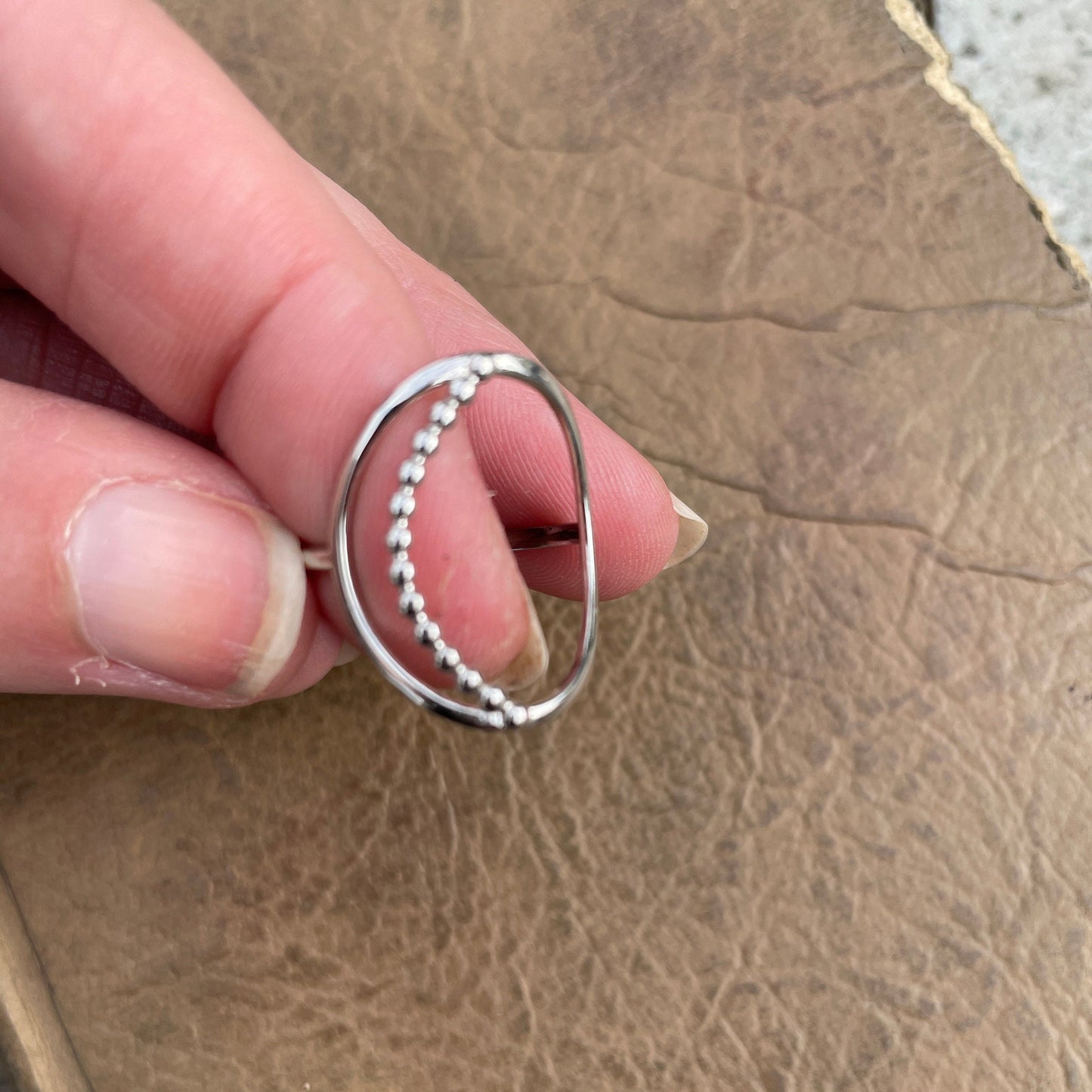 Bohemian Sterling Silver Beaded Moon Ring - Open Oval Ring