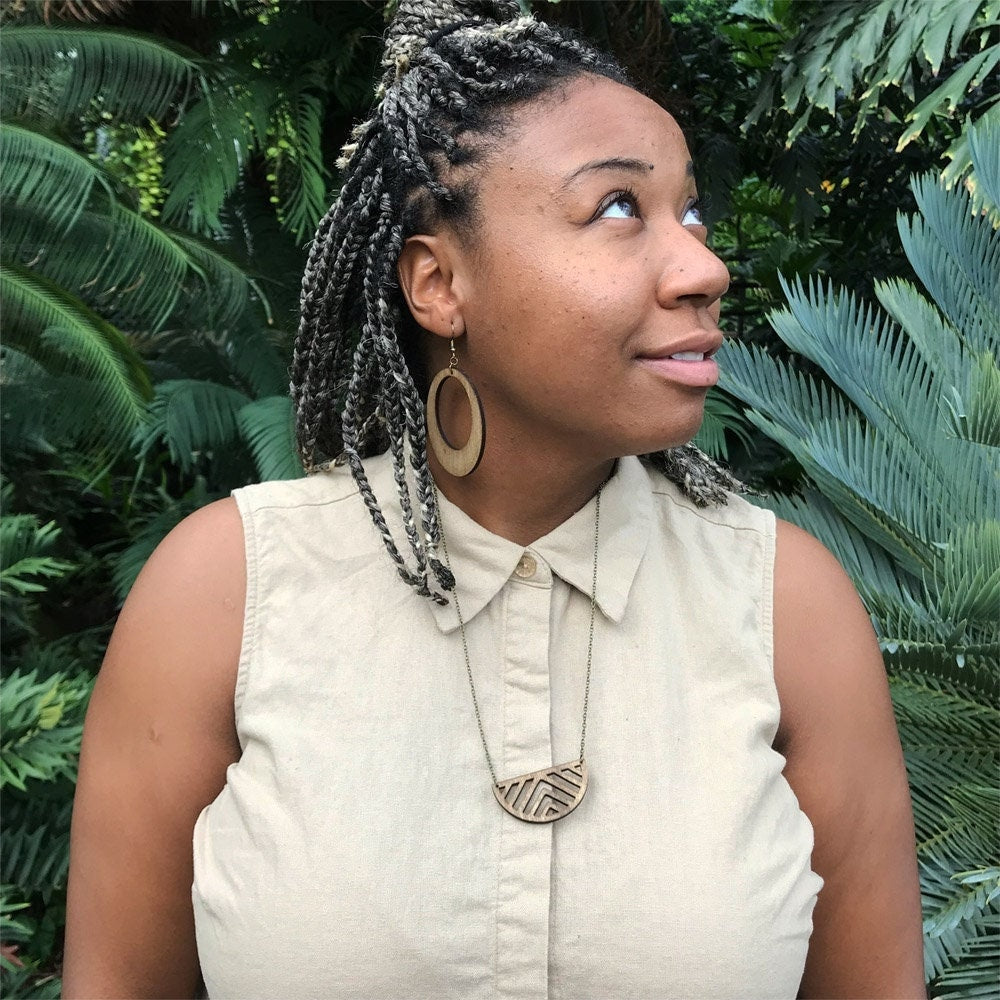 Geometric Half Moon Birch Wood Necklace, Natural Layering Necklace