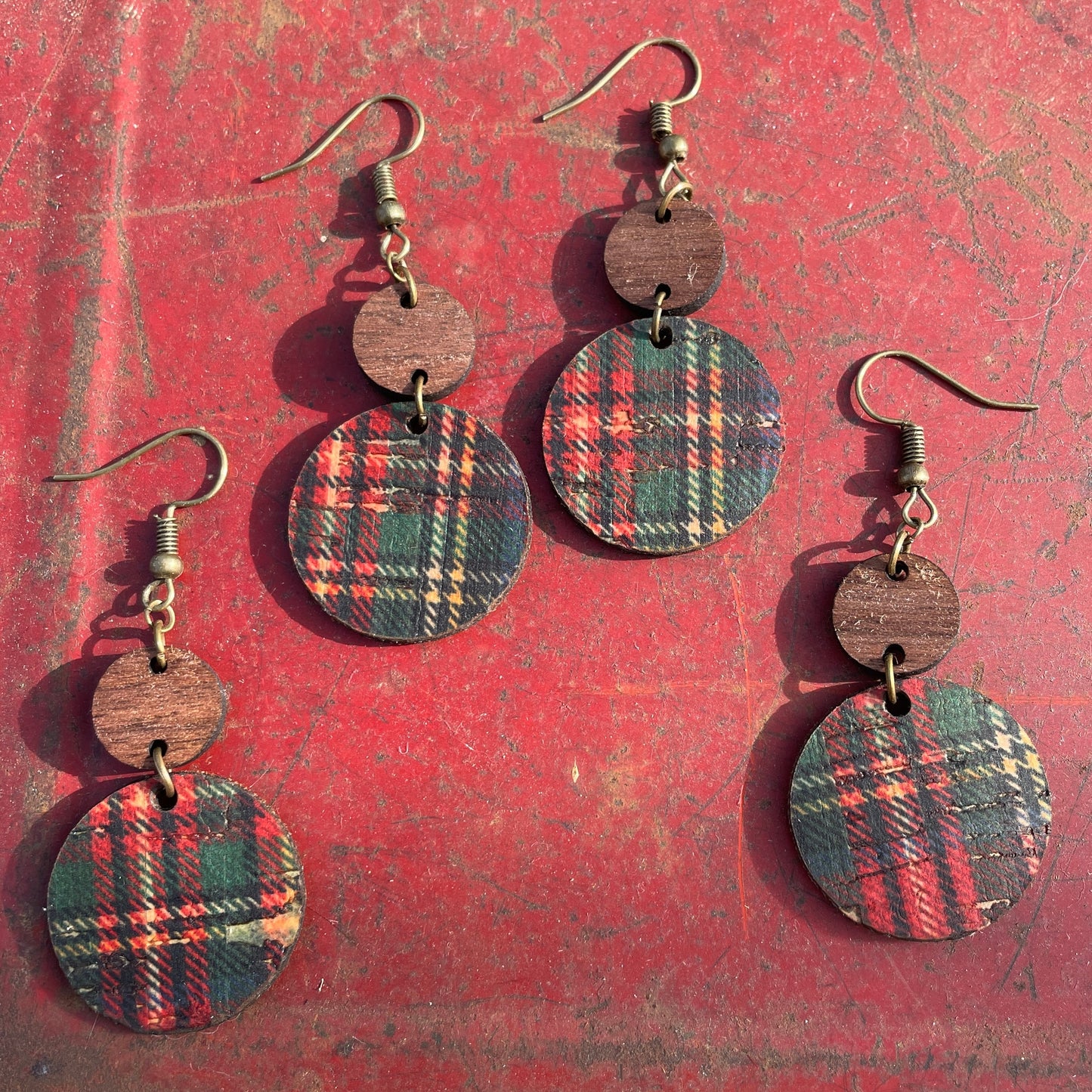 Green and Red Buffalo Plaid Circle Cork & Walnut Wood Earrings - Holiday/Christmas Earrings