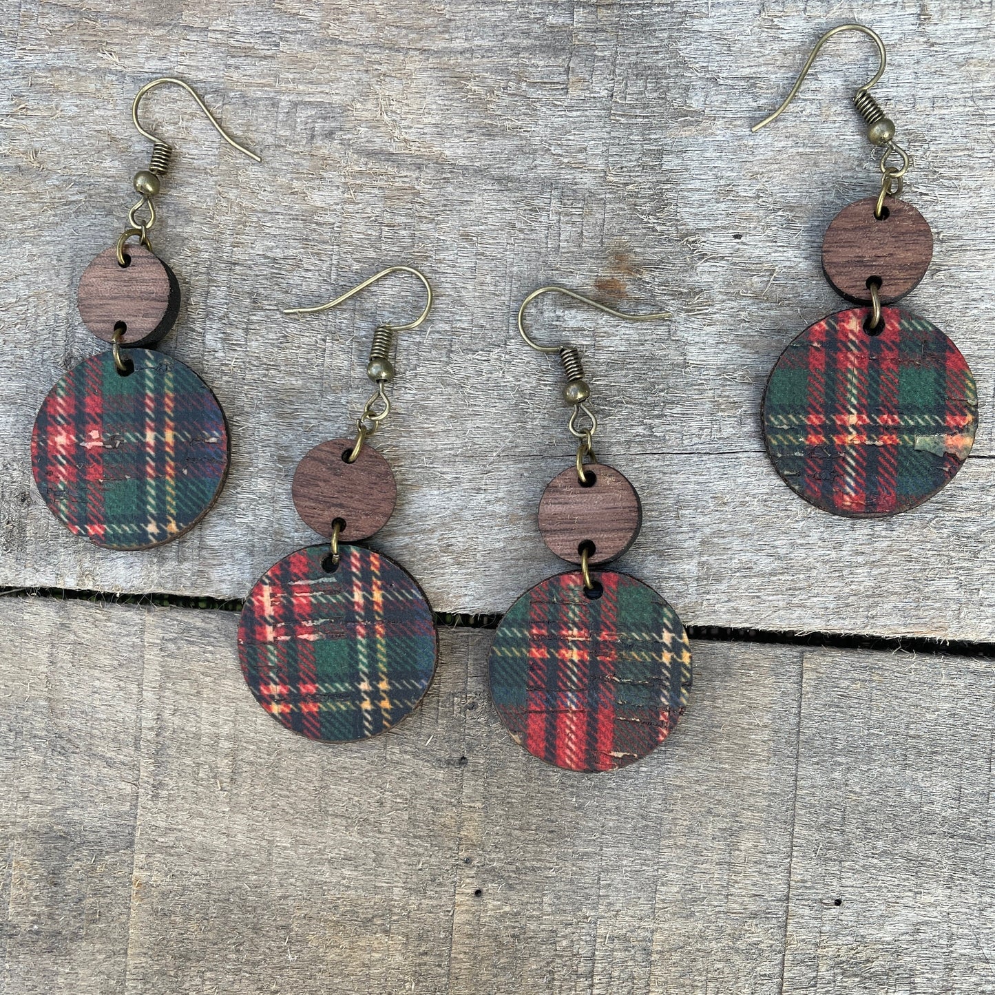 Green and Red Buffalo Plaid Circle Cork & Walnut Wood Earrings - Holiday/Christmas Earrings