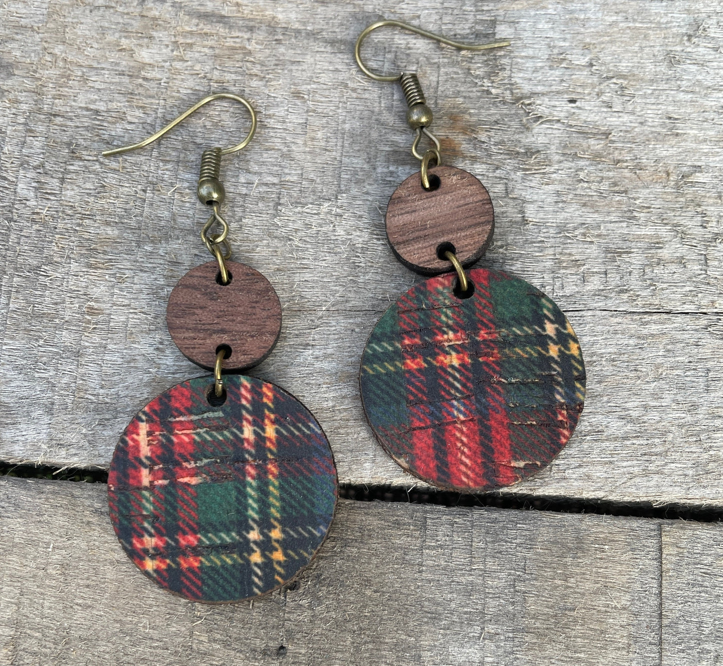Green and Red Buffalo Plaid Circle Cork & Walnut Wood Earrings - Holiday/Christmas Earrings