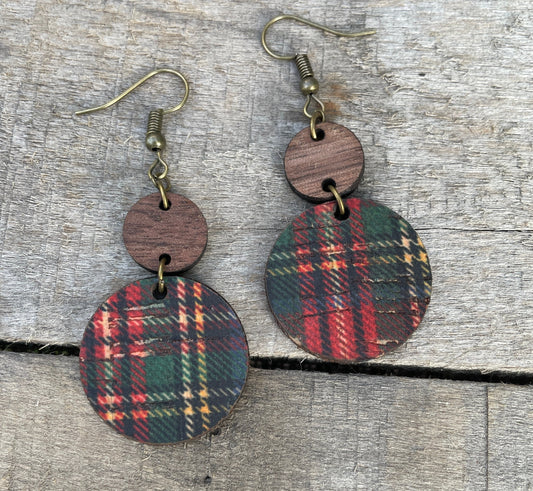 Green and Red Buffalo Plaid Circle Cork & Walnut Wood Earrings - Holiday/Christmas Earrings