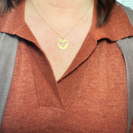 Cut-out Heart Brass Disc Necklace, Custom Round Disc, Custom Laser Engraved Valentine Heart Design, Round Disc
