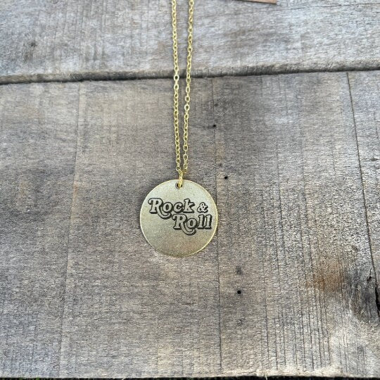 Custom Boho Rock & Roll Engraved Brass Pendant Necklace, Custom Round Disc, Rocker Chic, Music Jewelry