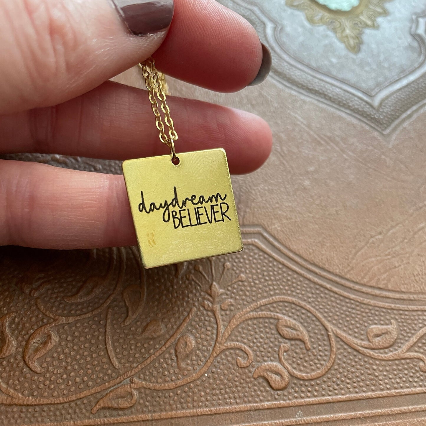 Custom Boho Daydream Believer Engraved Brass Pendant Necklace, Custom Square Gold color, Rocker Chic